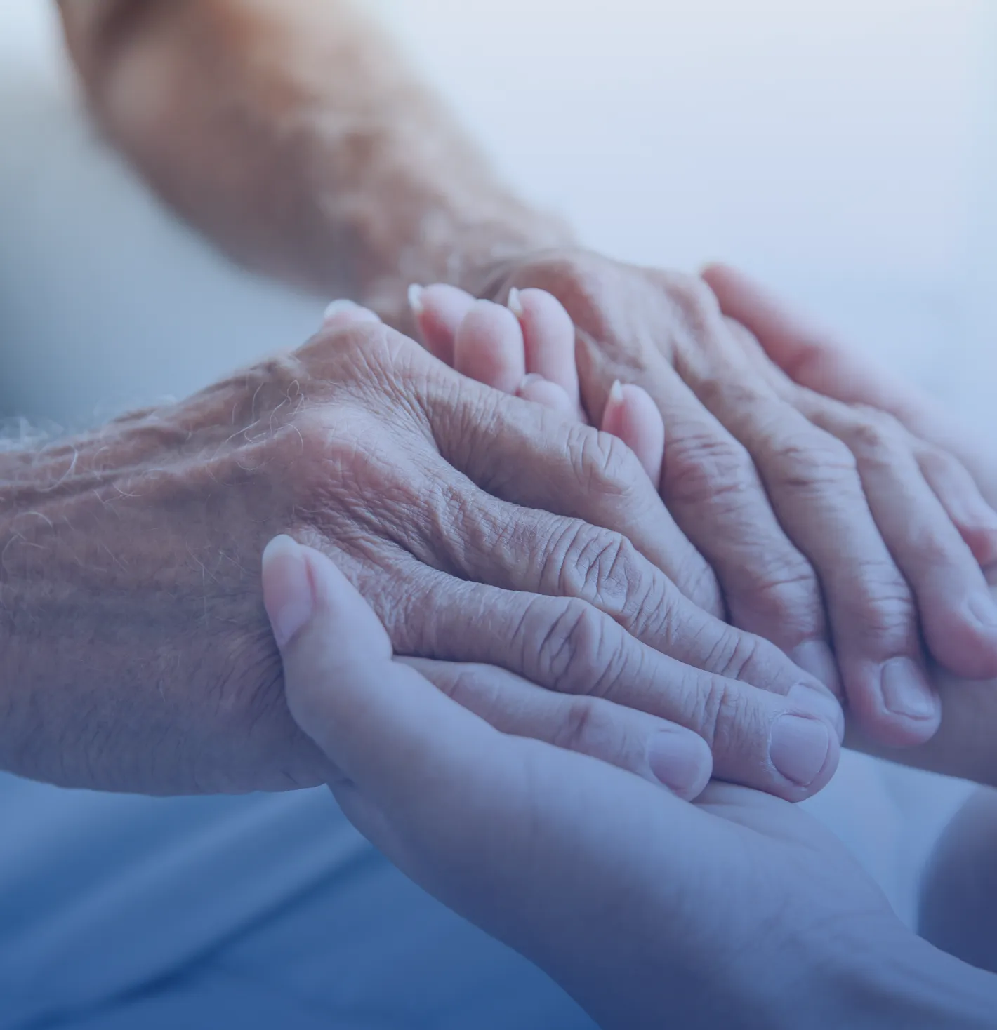 A caregiver holding an elder's hands